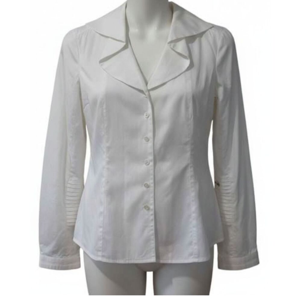 Eye Vintage White Pleated Ruffle Collar Button Down Blouse Size 10